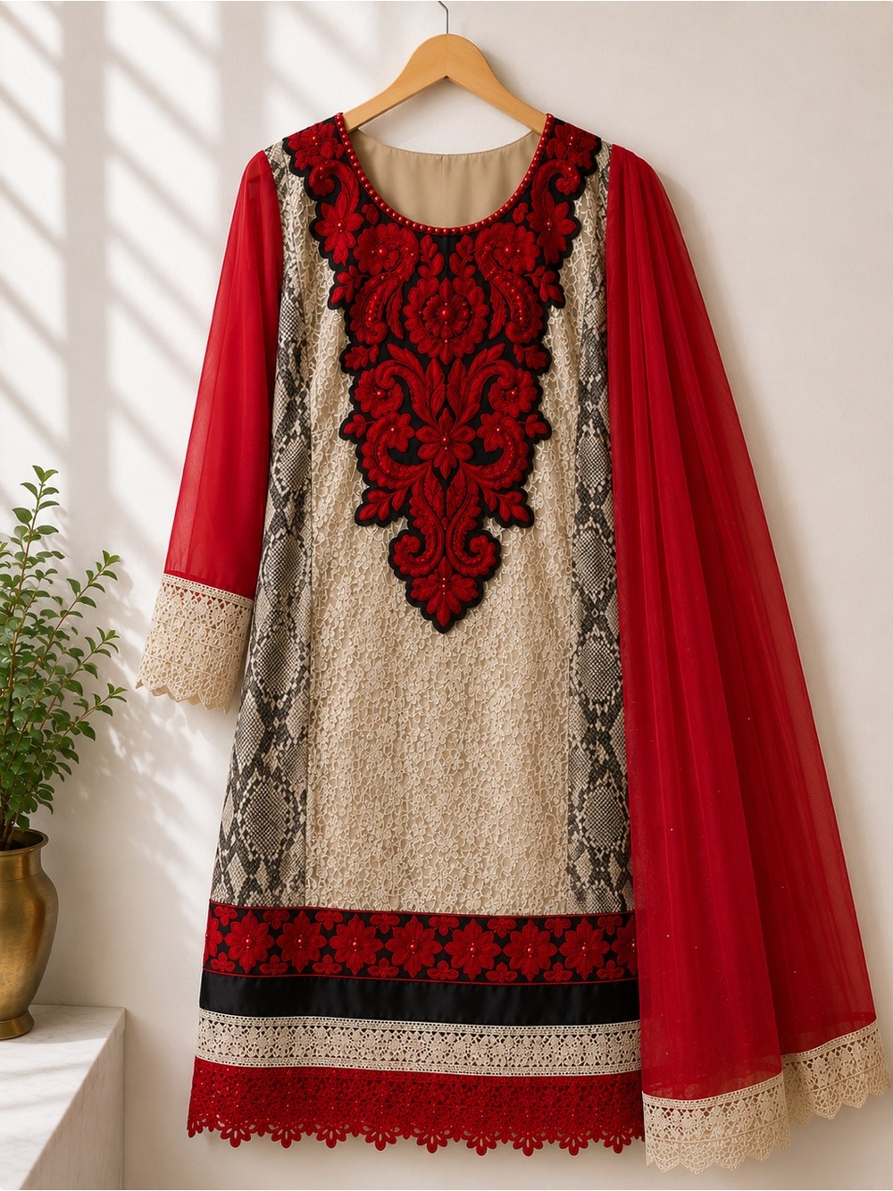 Red Cream Embroidered Pakistani Kurta & Dupatta Set